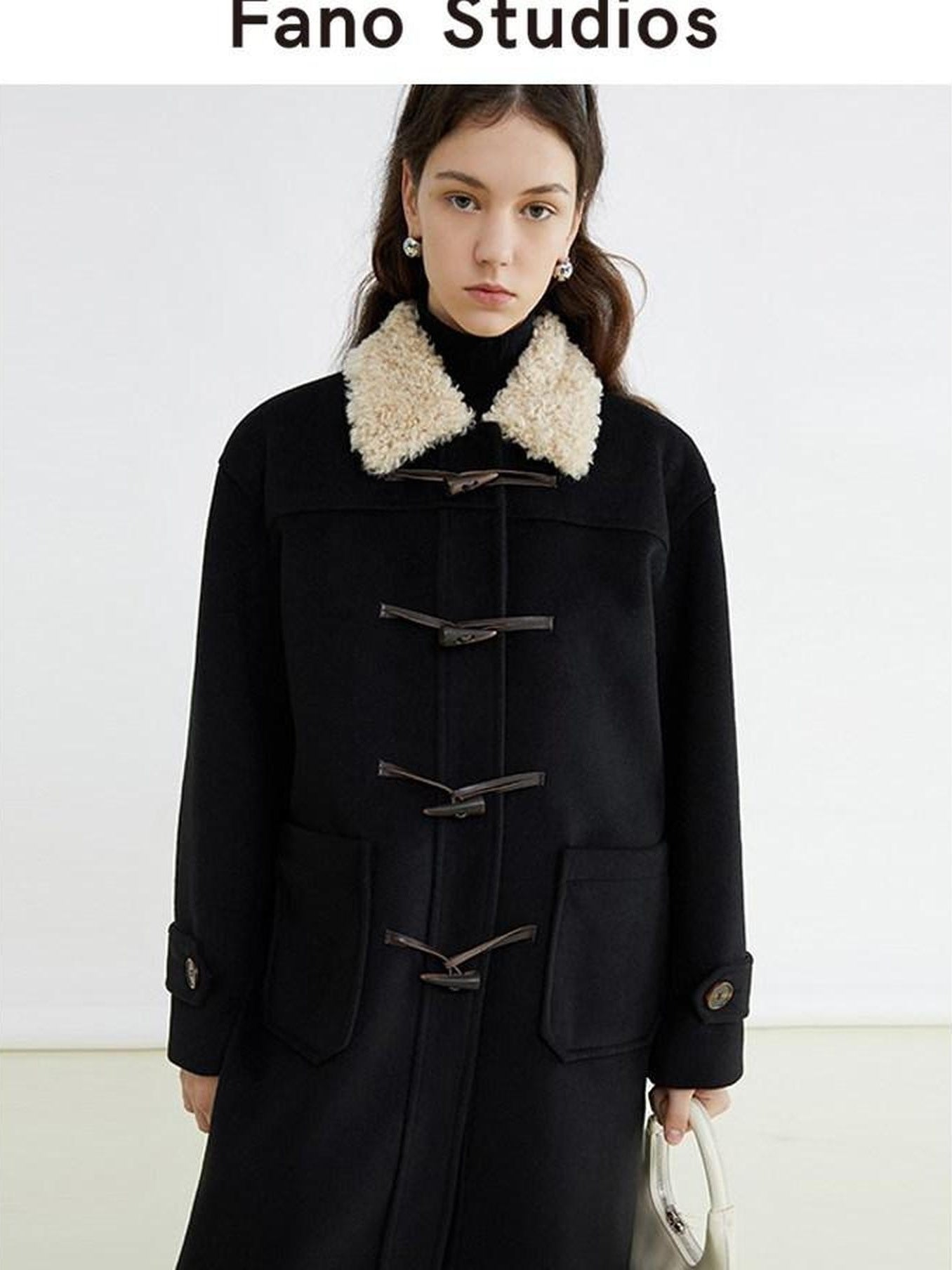 fano Thick Minimalist Commuter Straight Long Stand Collar Toggle Women Wool Coats