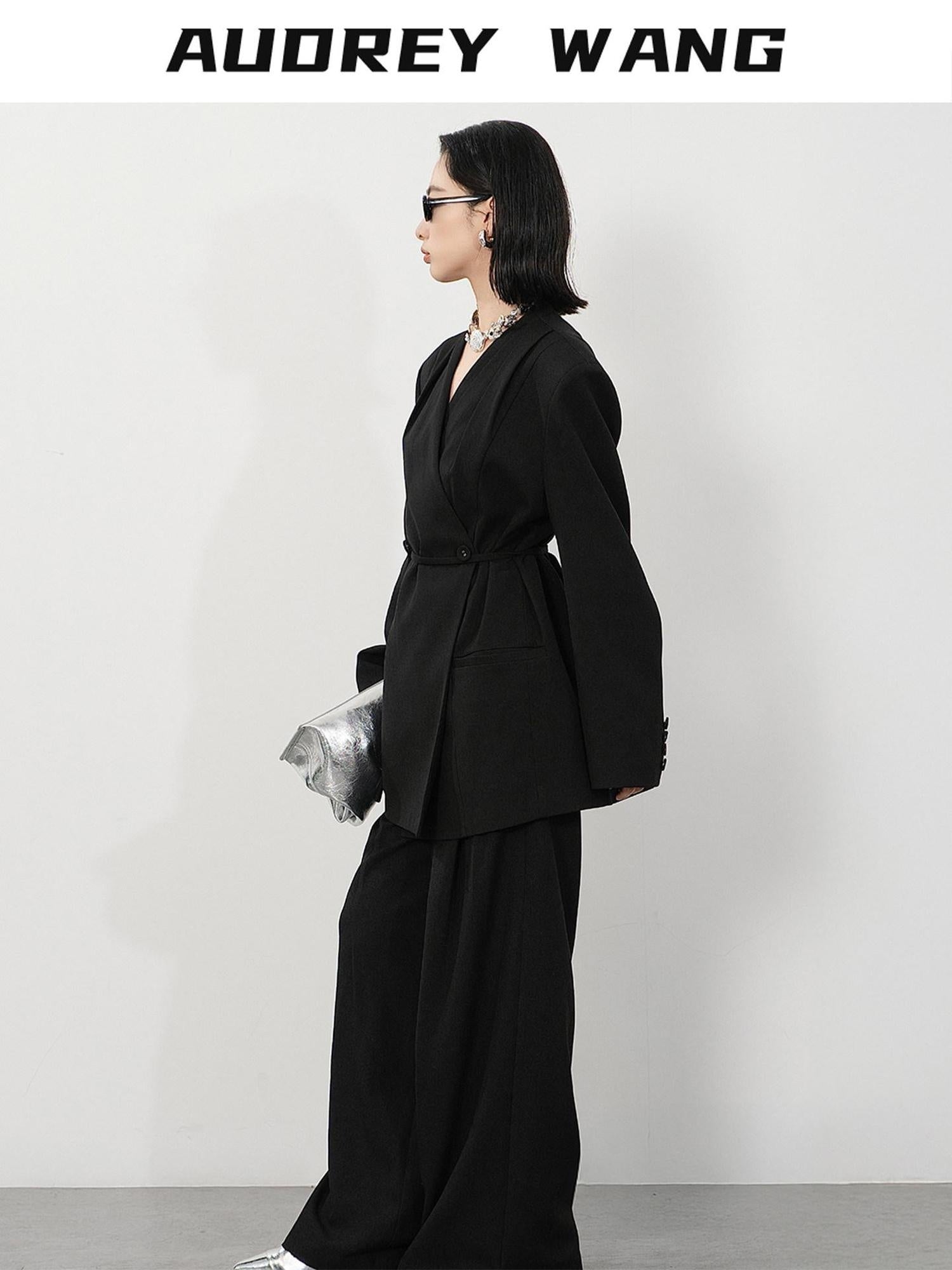 audreyyang Pleated Structured Loose Fit Double Breasted Mid Length Women Office Blazers