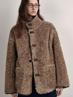 fano Reversible Vintage Straight Stand Collar Women Coffee Brown Short Coat
