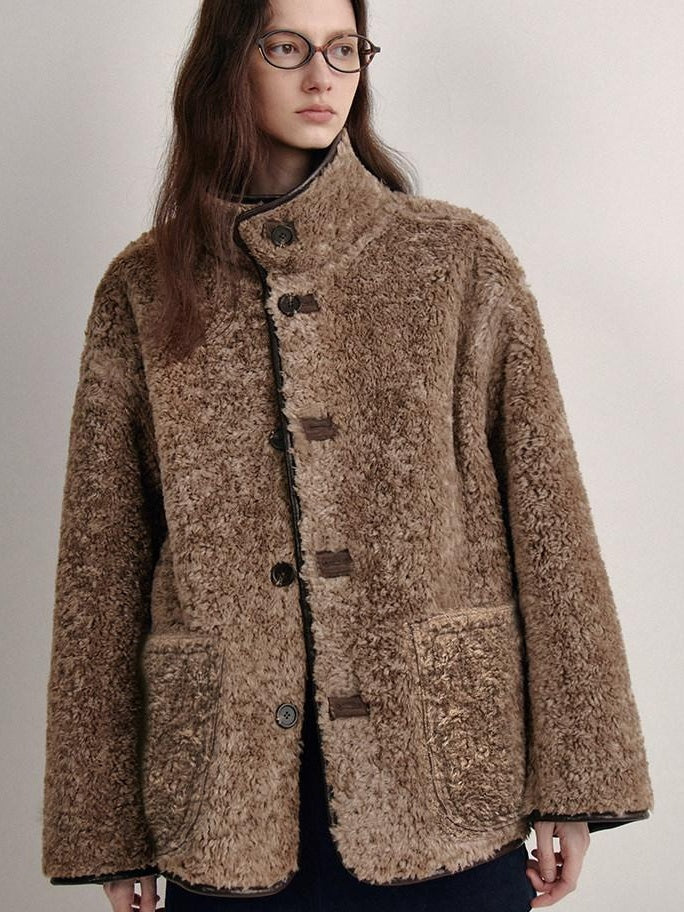 fano Reversible Vintage Straight Stand Collar Women Coffee Brown Short Coat