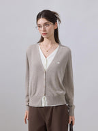 ikyou Soft Wool Blend Preppy V-neck Layered Women Khaki Knit Long Sleeve Cardigans