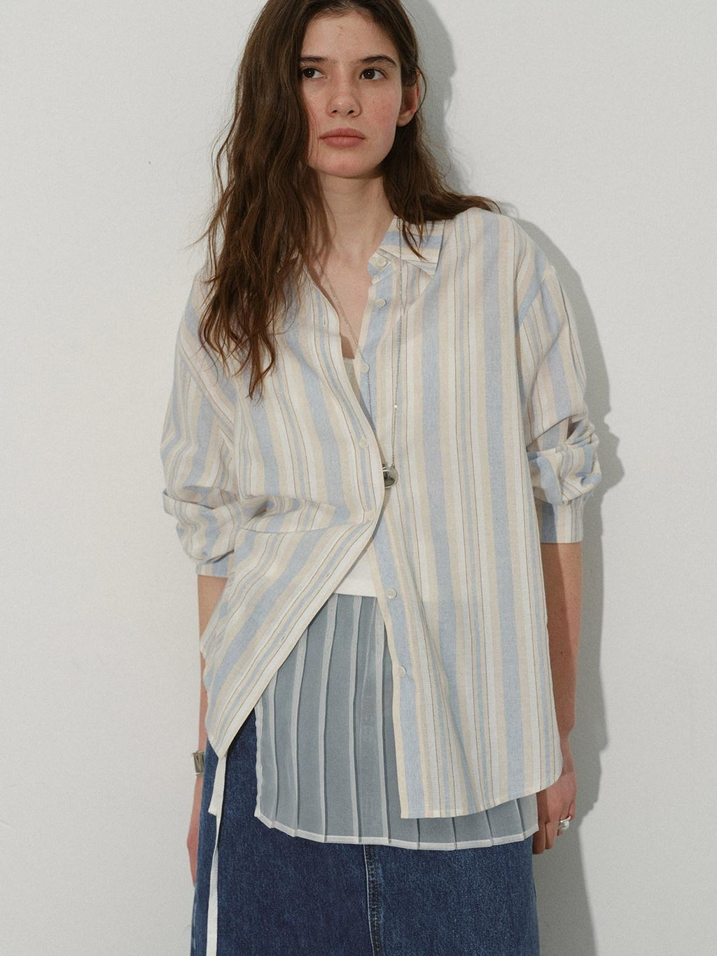 Lofi choose 100 Percent Cotton Loose Colorblock Women Blue Stripe Lapel Long Sleeve Shirts