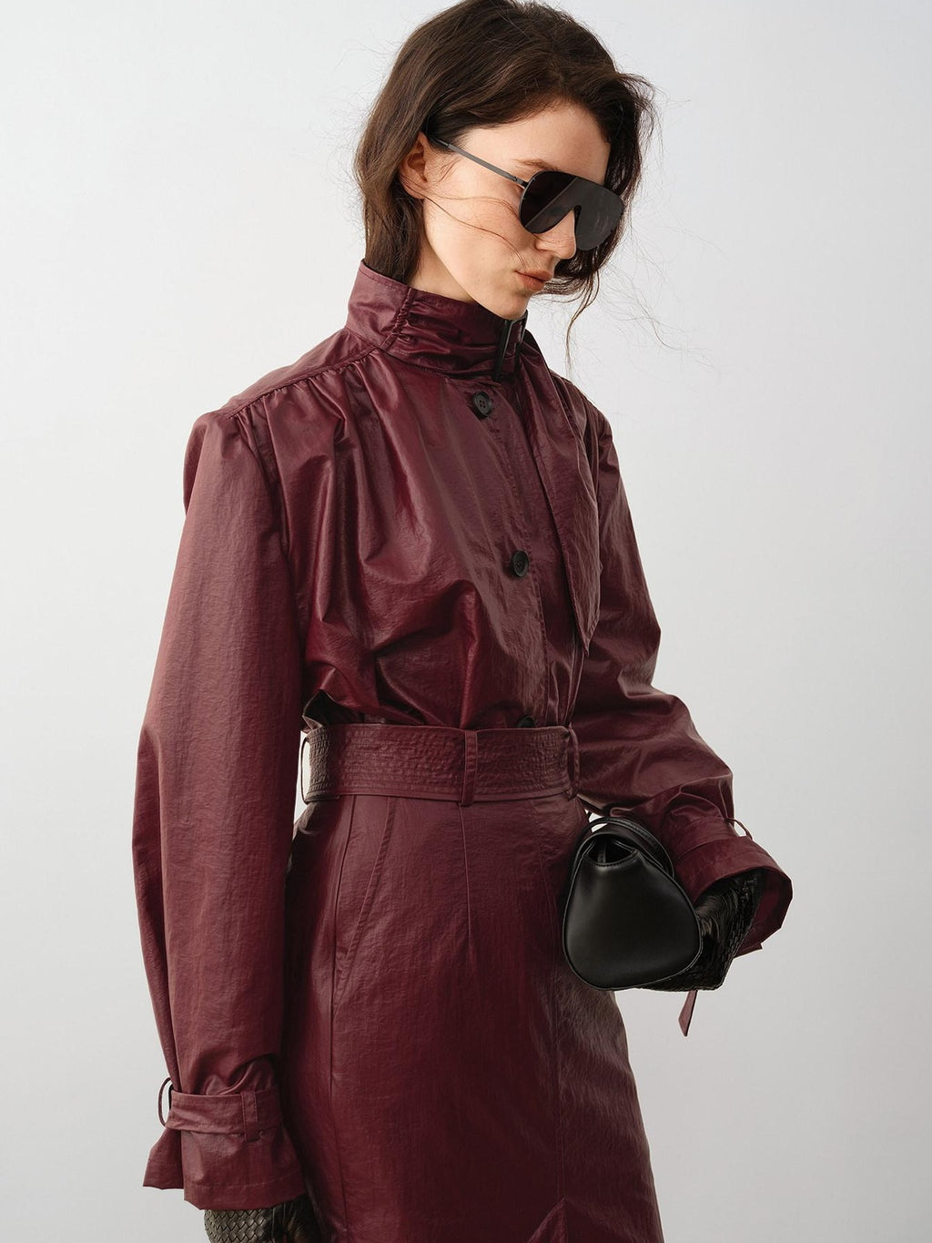 audreyyang Slimming Loose Cuffed Sleeves Button Women Mustard Green Leather Jackets