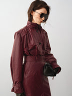 audreyyang Slimming Loose Cuffed Sleeves Button Women Mustard Green Leather Jackets