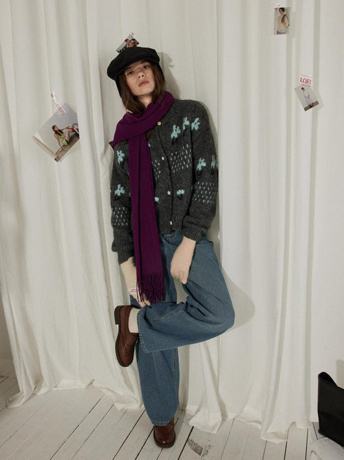 Lofi choose Cozy Acrylic Wool Blend Vintage Colorblock Floral Button Women Gray Cardigans