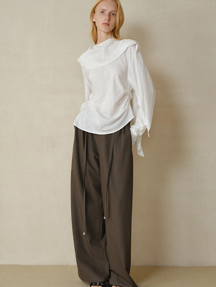 someonesometimes Cooling French Loose Round Neck Sparkle White Nylon Long Sleeve Blouses