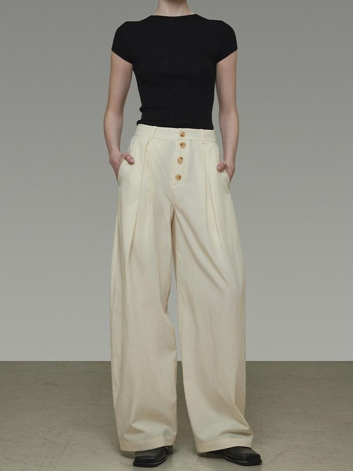 unspoken High Waist Lyocell Blend Pleated Button Minimal Workwear Wide Leg Pants