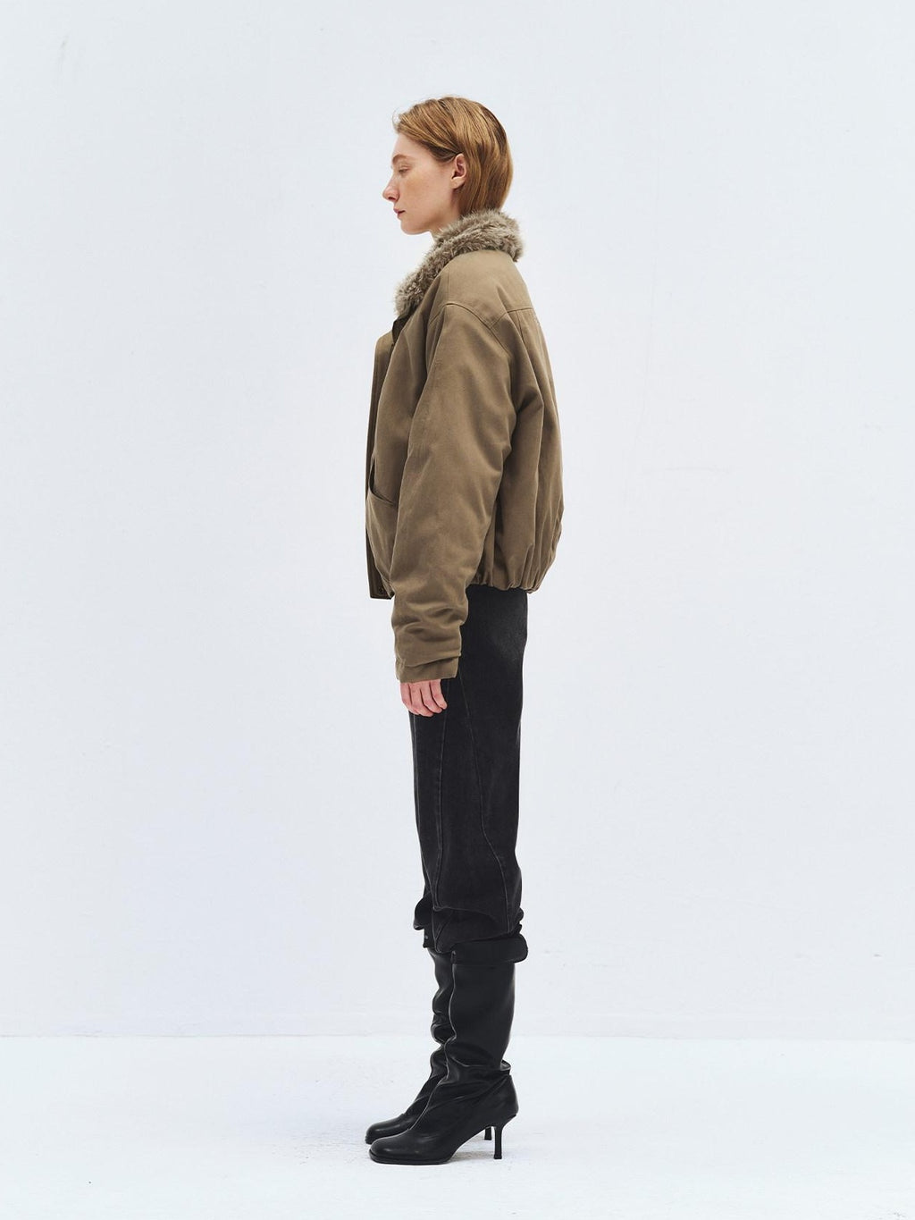 someonesometimes Lyocell Cotton Blend Relaxed Stand Collar Zip Women Beechwood Green Short Coat