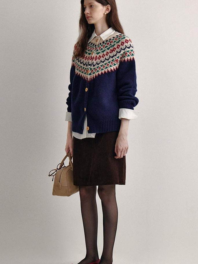 fano 100 Percent Wool Loose Fit Button Front Commuter Crew Neck Knit Cardigans