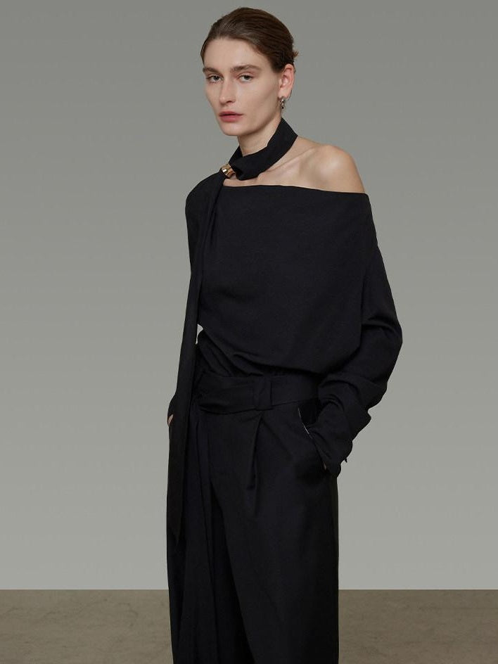 unspoken Breathable Minimalist Loose Fit Ribbon V-neck Office Women Solid Black Blouses