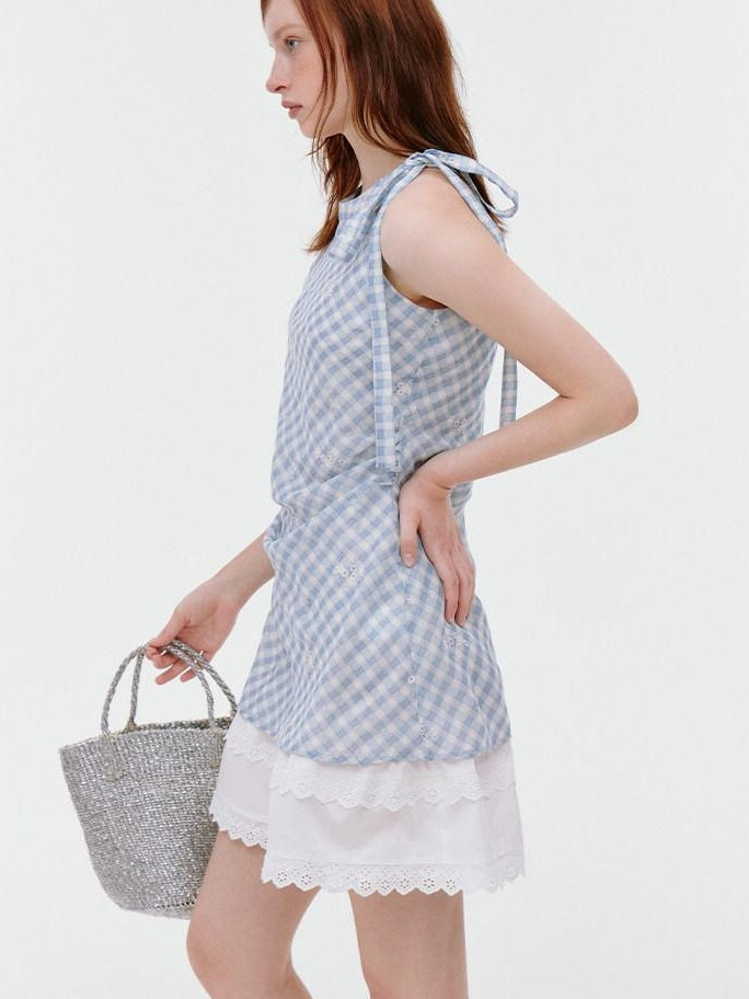 fano Soft Cotton Blend Halter Plaid Korean Office Hline Square Neck Midi Dresses