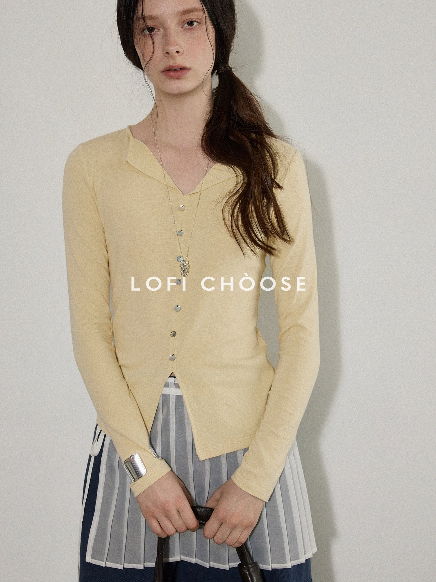 Lofi choose Cotton Stretch V-neck Slim Fit Office Women Yellow Green Long Sleeve T-Shirts