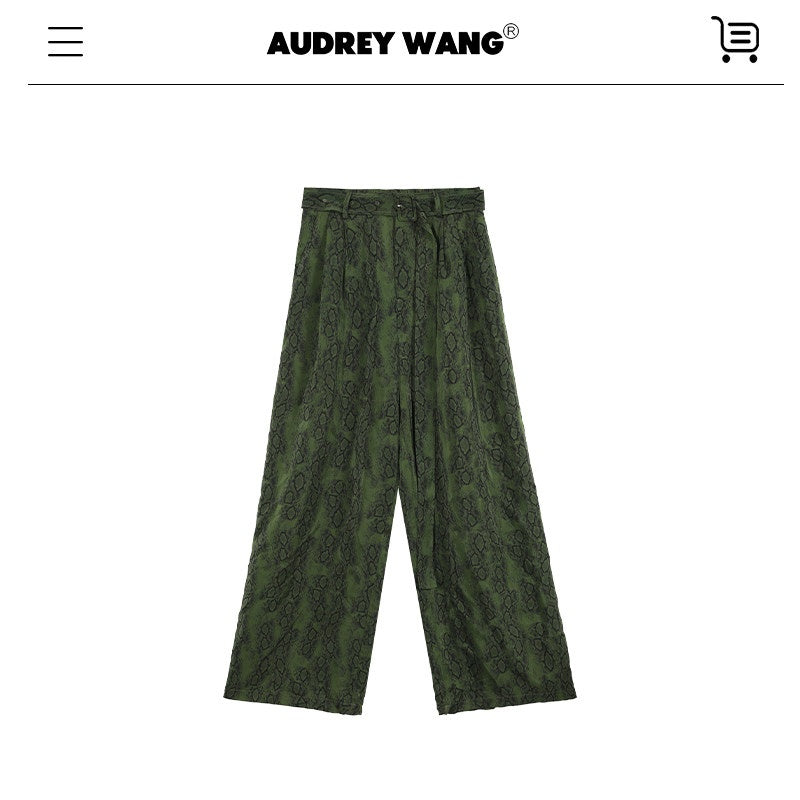 audreyyang_Shape_Retain_Loose_Snake_Print_Dark_Green_Recycled_Viscose_Women_Wide_Leg_Pants_MISSTT