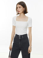 fano Creative Square Neck Slim Fit Minimalist Women Black White Short Sleeve T-Shirts