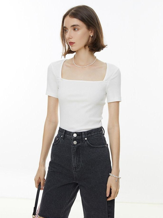 fano Creative Square Neck Slim Fit Minimalist Women Black White Short Sleeve T-Shirts