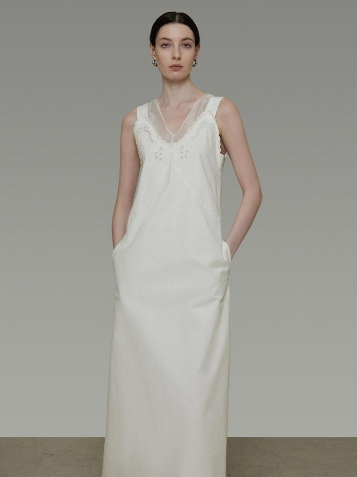 unspoken Soft 100 Percent Cotton Crochet V-neck Sleeveless Office White Maxi Dresses