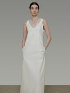 unspoken Soft 100 Percent Cotton Crochet V-neck Sleeveless Office White Maxi Dresses