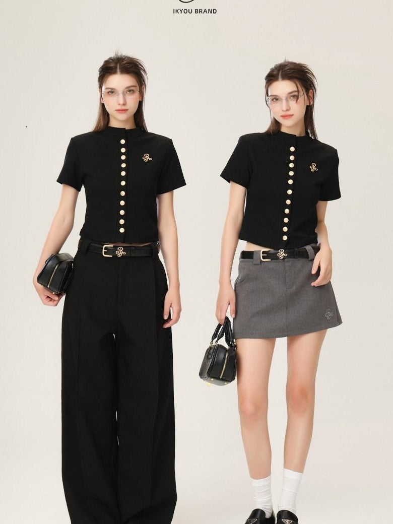 ikyou 3D Embellished Minimal Slim Short Sleeve Stand Collar Black Knit Women Cardigans