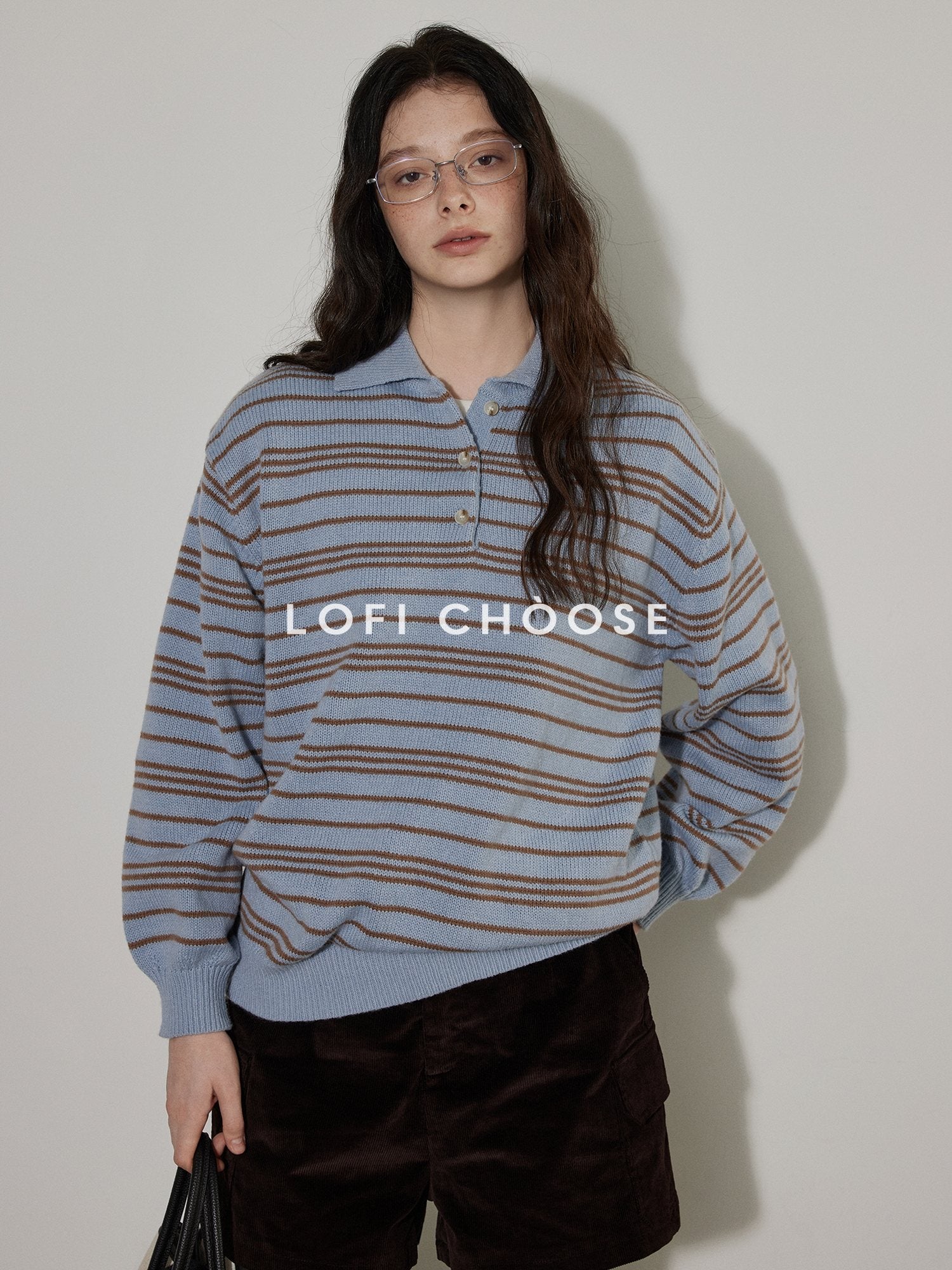 Lofi choose Cozy Striped Polo Collar Loose Fit Knit Pullover Workwear Acrylic Sweaters