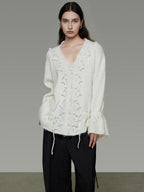 unspoken Breathable V-neck Drawstring Loose Casual Pullover Women Commuter Sweaters