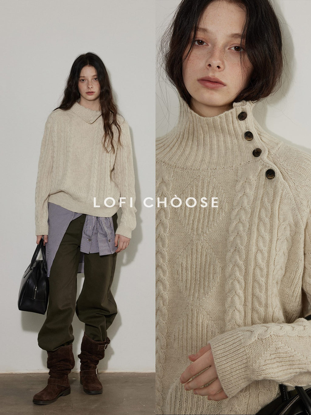 Lofi choose Cozy Thick Commuter Loose Fit Long Sleeve Women Solid Oatmeal Grey Sweaters
