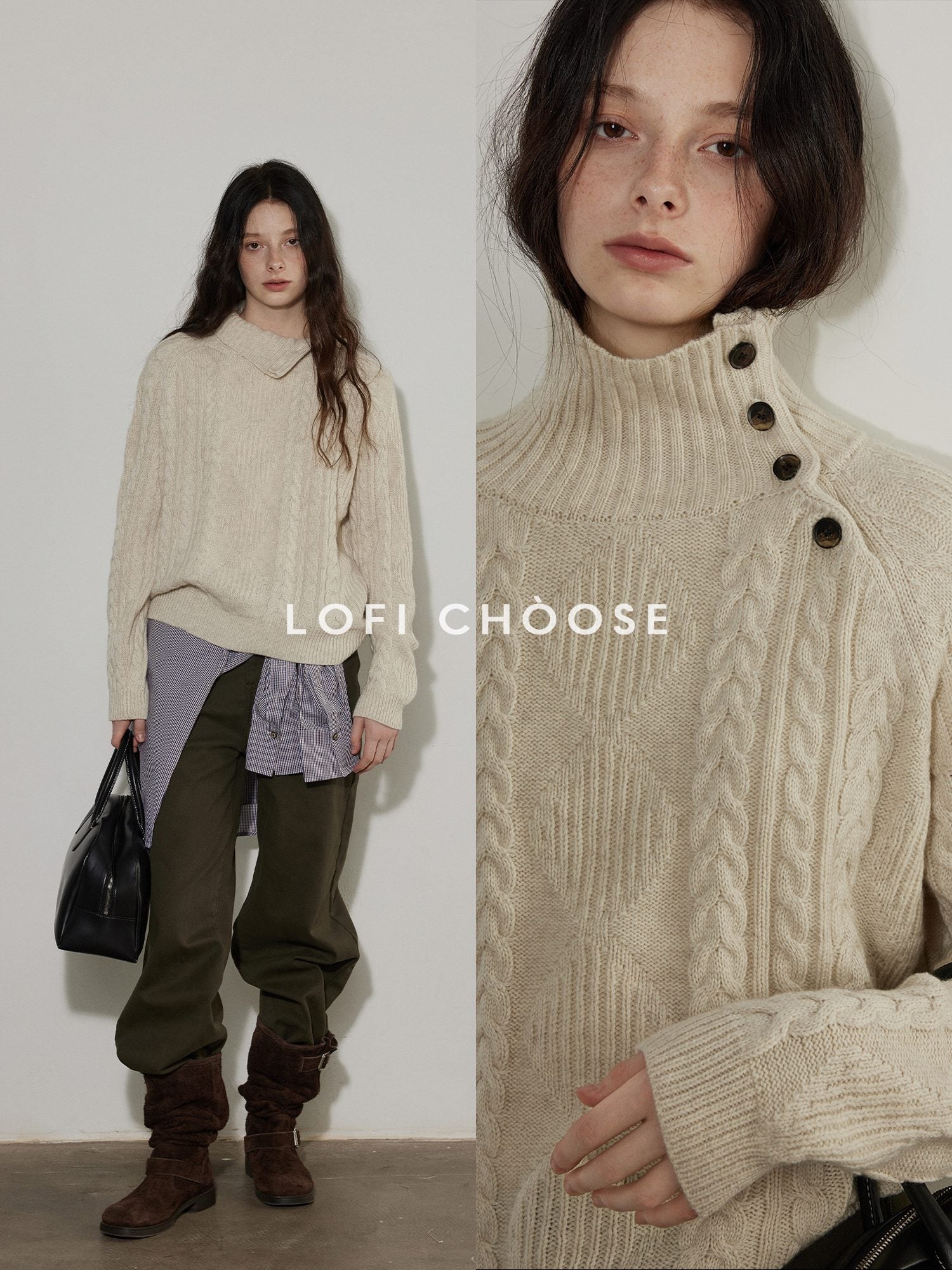 Lofi choose Cozy Thick Commuter Loose Fit Long Sleeve Women Solid Oatmeal Grey Sweaters