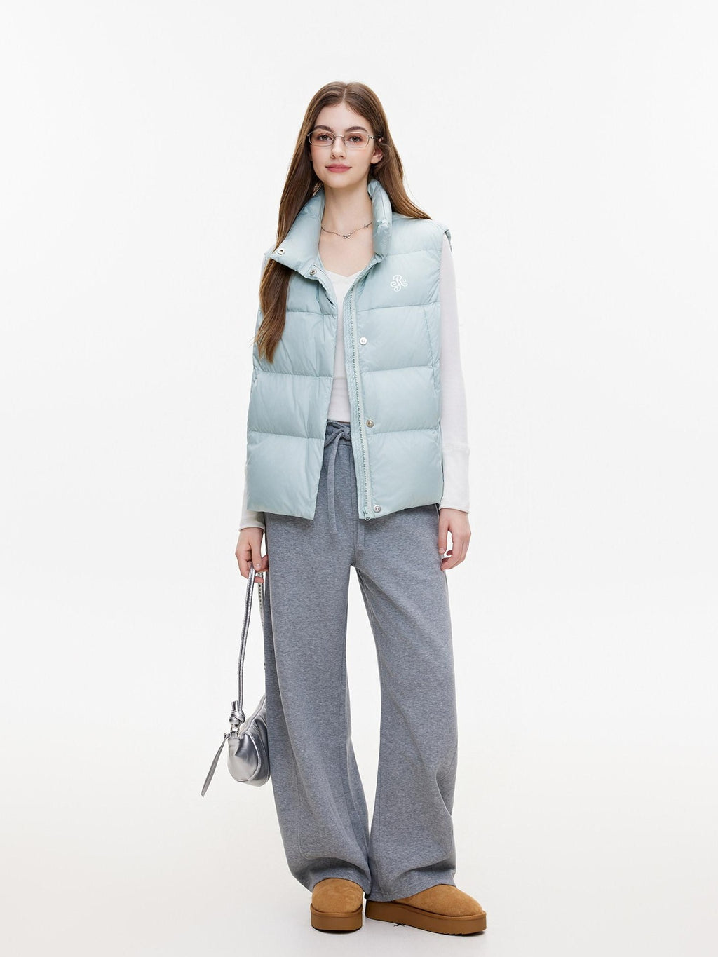 ikyou Warm Thick Sleeveless Stand Collar Straight Commuter Sky Blue Puffer Jackets