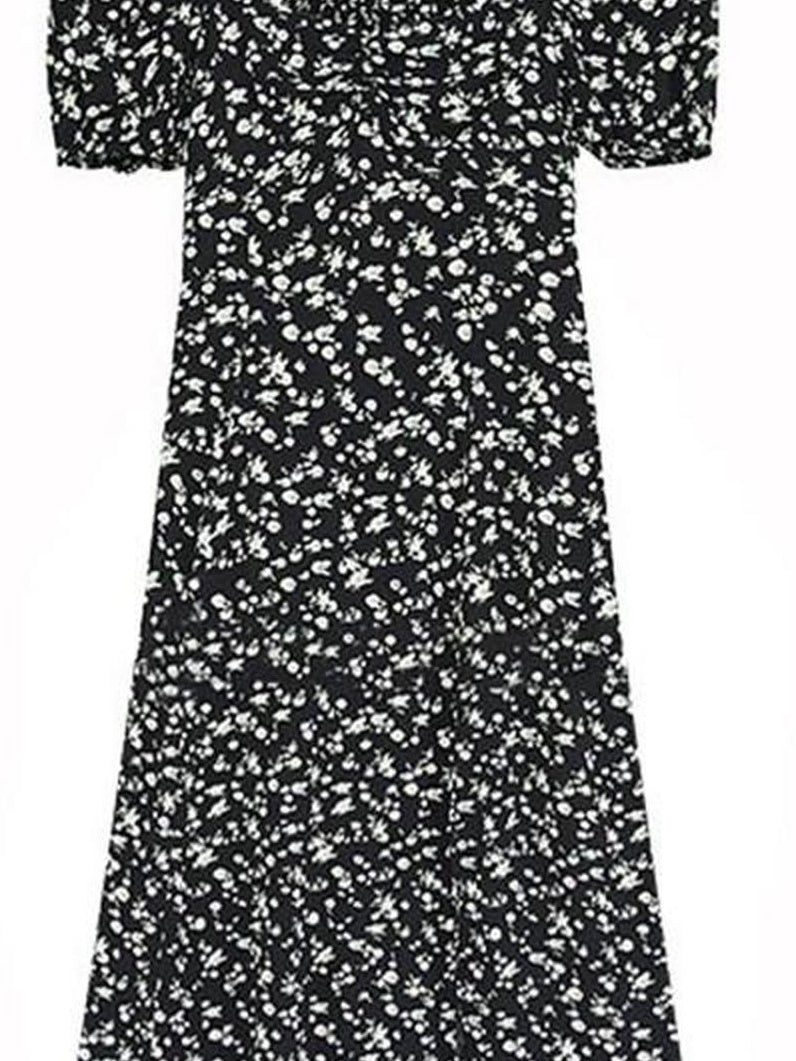 fano Black Floral Puff Sleeve V-neck High Waist A Line Office Chic Midi Dresses