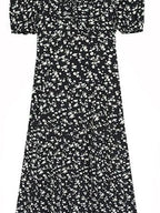 fano Black Floral Puff Sleeve V-neck High Waist A Line Office Chic Midi Dresses
