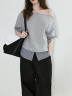 fano Cotton Blend Loose Korean Women Half Sleeve Bardot Off Shoulder Crop Tops
