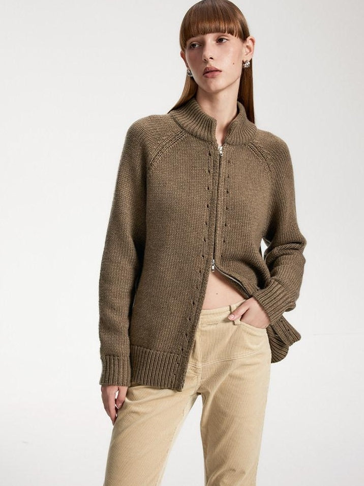 someone sometimes Acrylic Wool Blend Stand Collar Open Front Commuter Knit Brown Cardigans
