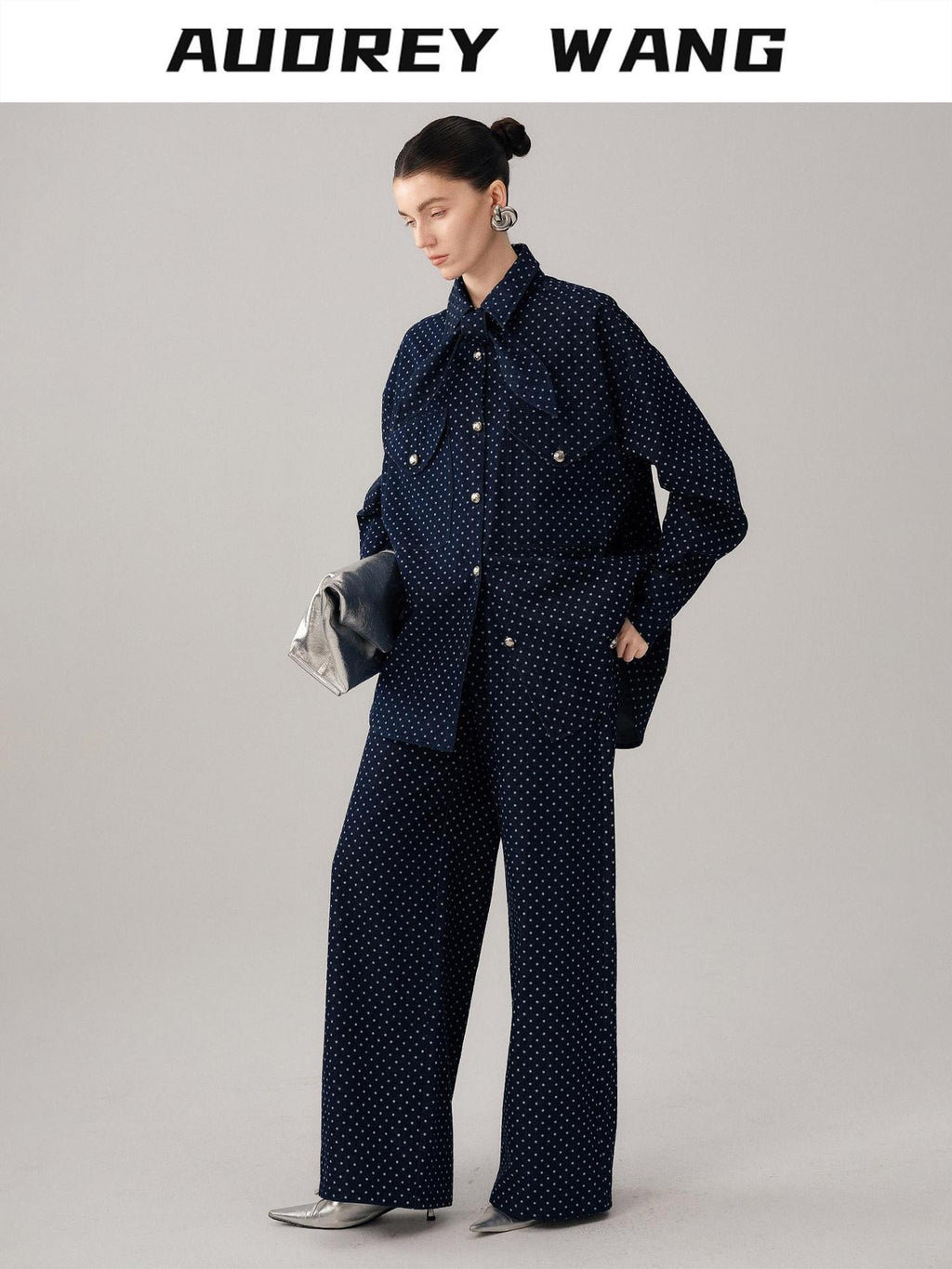 audreyyang Bow Detail Loose Fit Casual Women Daily Polka Dot Cotton Denim Jackets