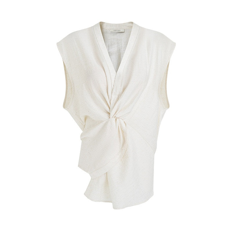 unspoken_Breathable_Linen_Blend_Sleeveless_V-neck_Tie_Front_Loose_Fit_Work_White_Blouses_MISSTT