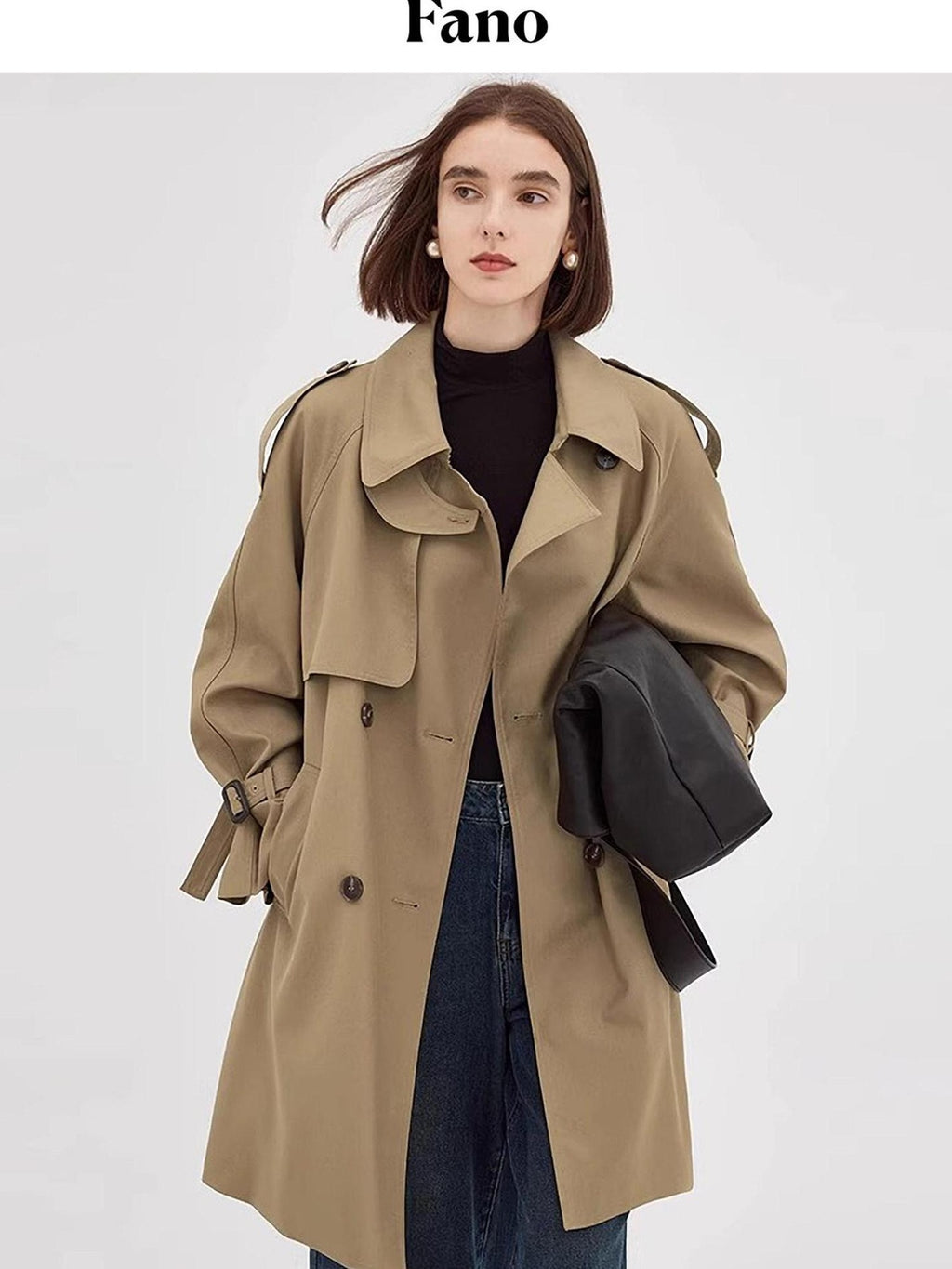 fano Classic Double Breasted Long Straight Fit Commuter Women Khaki Trench Coats