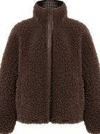 fano Warm Lambswool Plaid Stand Collar Zip Loose Fit Casual Women Brown Short Coat