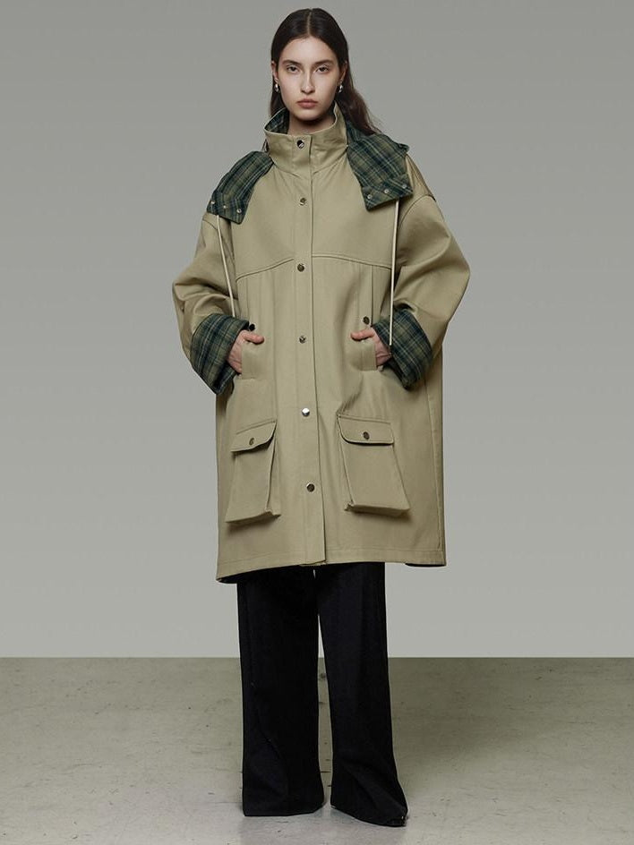 unspoken Breathable Pure Cotton Minimalist Loose Midlength Women Plaid Khaki Trench Coats