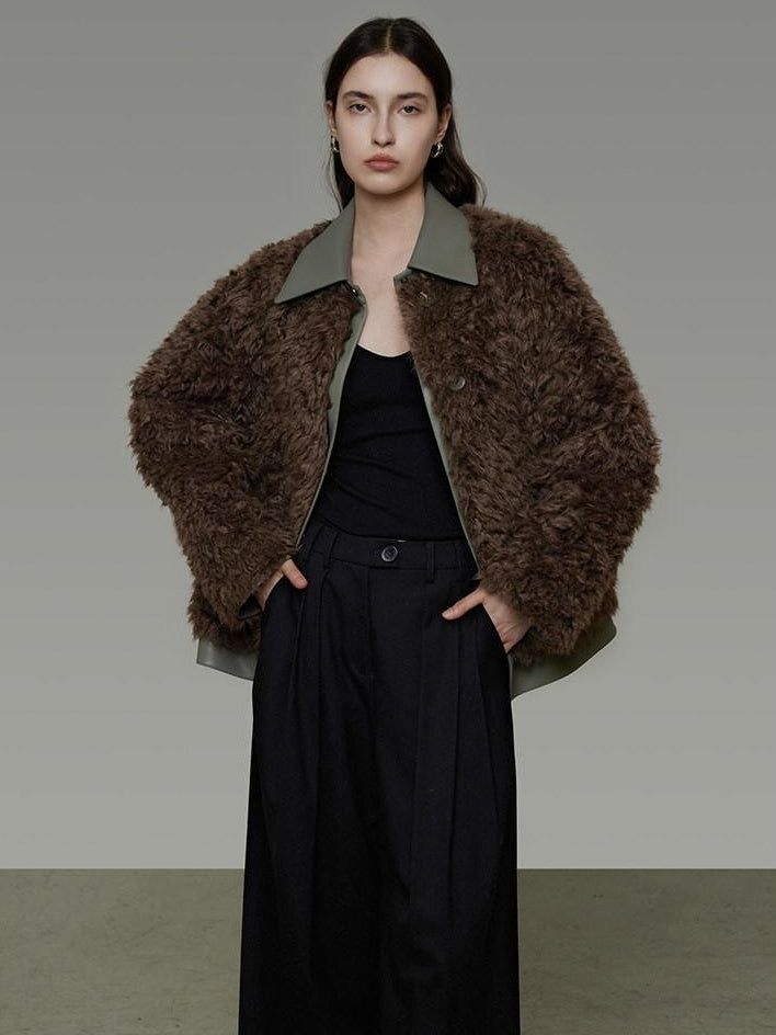 unspoken Warm Patchwork Lapel Loose Fit Minimalist Women Chestnut Short Coat