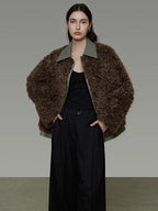 unspoken Warm Patchwork Lapel Loose Fit Minimalist Women Chestnut Short Coat