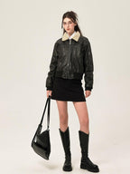 ikyou Thick Distressed Pu Patchwork Straight Zip Pockets Minimalist Leather Jackets