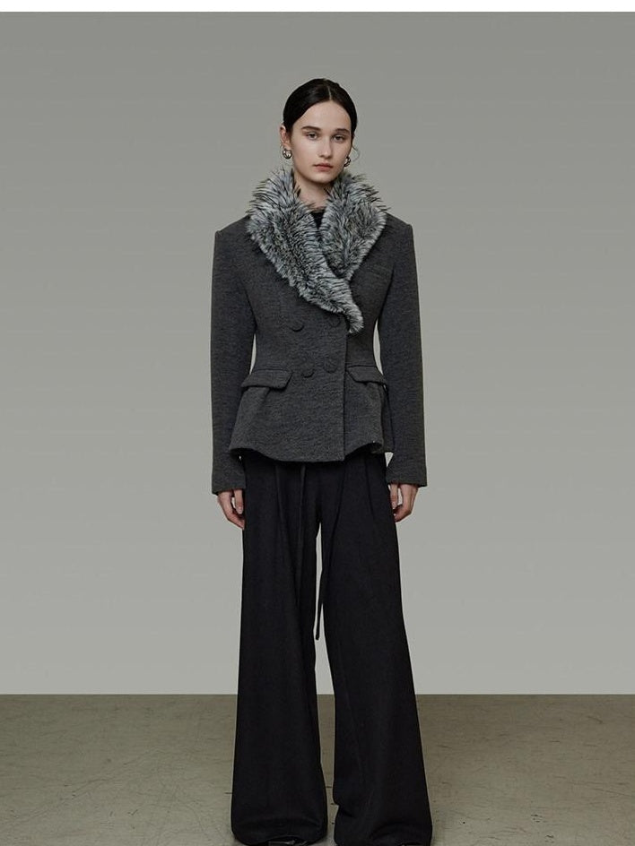 unspoken Wool Blend Double Breasted Slim Lapel Tailored Minimal Workwear Gray Short Coat