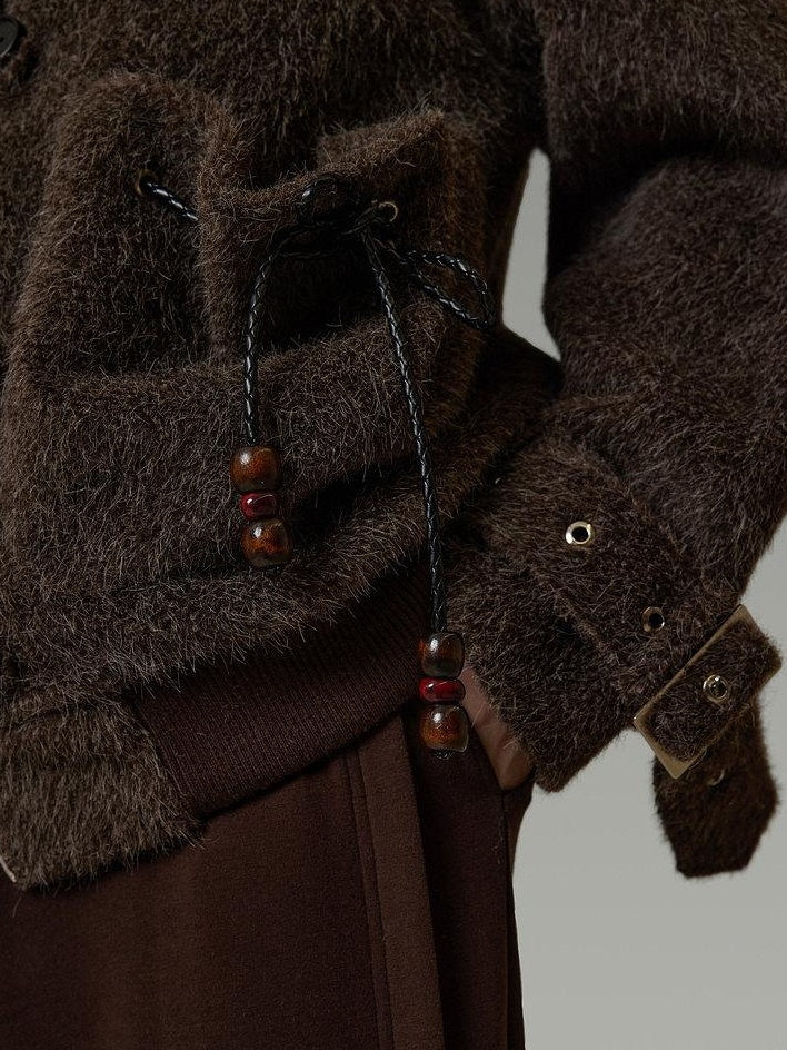unspoken Faux Fur Collar Loose Fit Structured Tailored High Waist Women Brown Short Coat