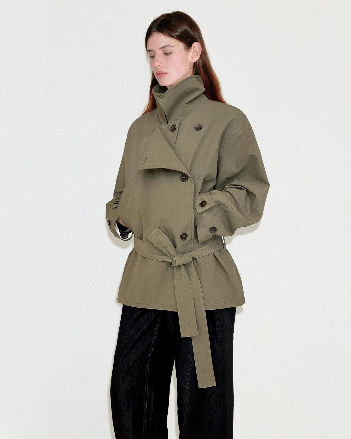 fano Double Breasted Khaki Korean Commuter Loose Mid Length Cotton Trench Coats