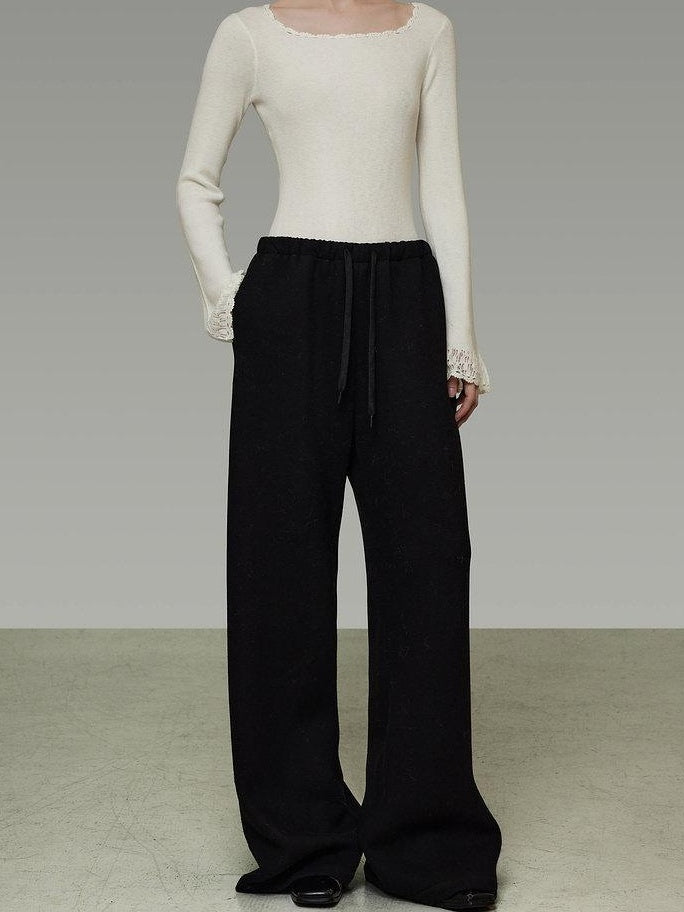 unspoken High Waist Tailored Tie Waist Minimal Workwear Breathable Straight Wide Leg Pants
