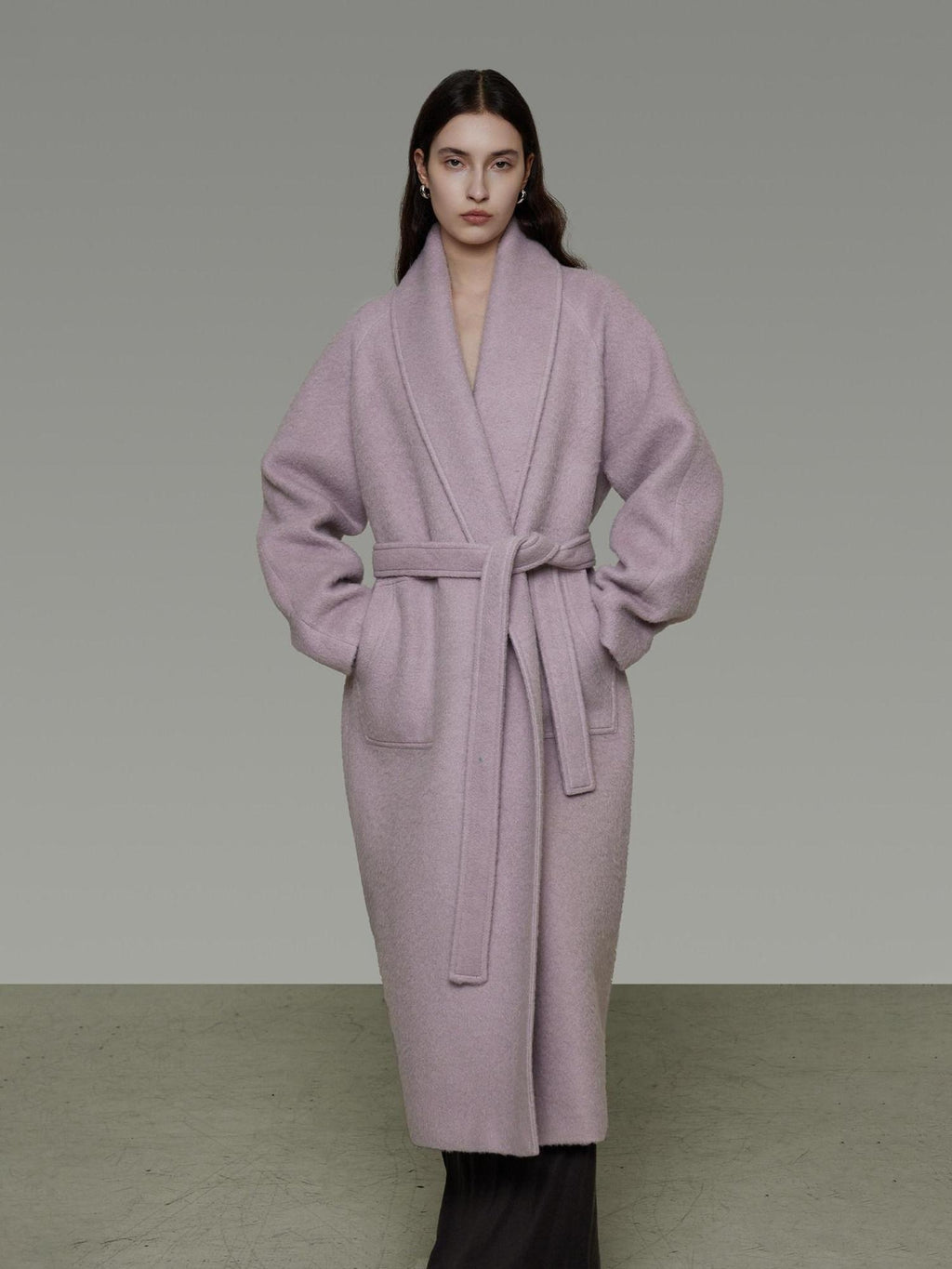 unspoken Cozy Thick Lambswool Midlength Loose Fit Minimalist Commuter Lavender Wool Coats