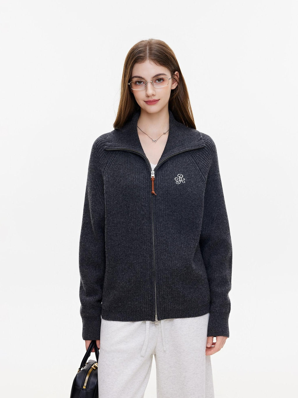 ikyou Warm Wool Blend Stand Collar Zip Loose Commuter Knit Women Deep Gray Cardigans