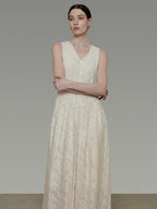unspoken Elegant Jacquard V-neck High Waist A Line Sleeveless Work Off White Maxi Dresses