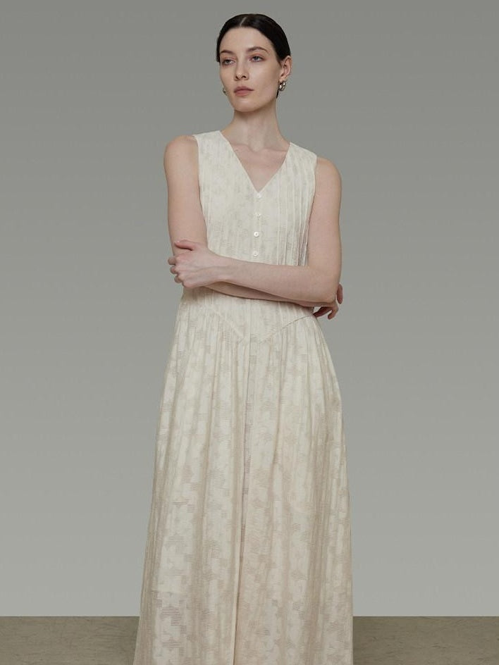 unspoken Elegant Jacquard V-neck High Waist A Line Sleeveless Work Off White Maxi Dresses