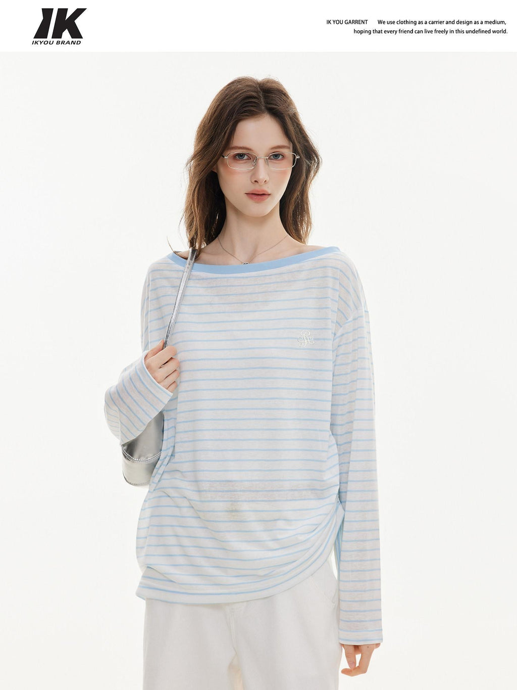 ikyou Cooling Lyocell Loose Embroidered Women Blue Striped Long Sleeve T-Shirts