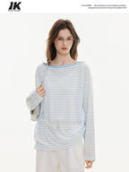 ikyou Cooling Lyocell Loose Embroidered Women Blue Striped Long Sleeve T-Shirts