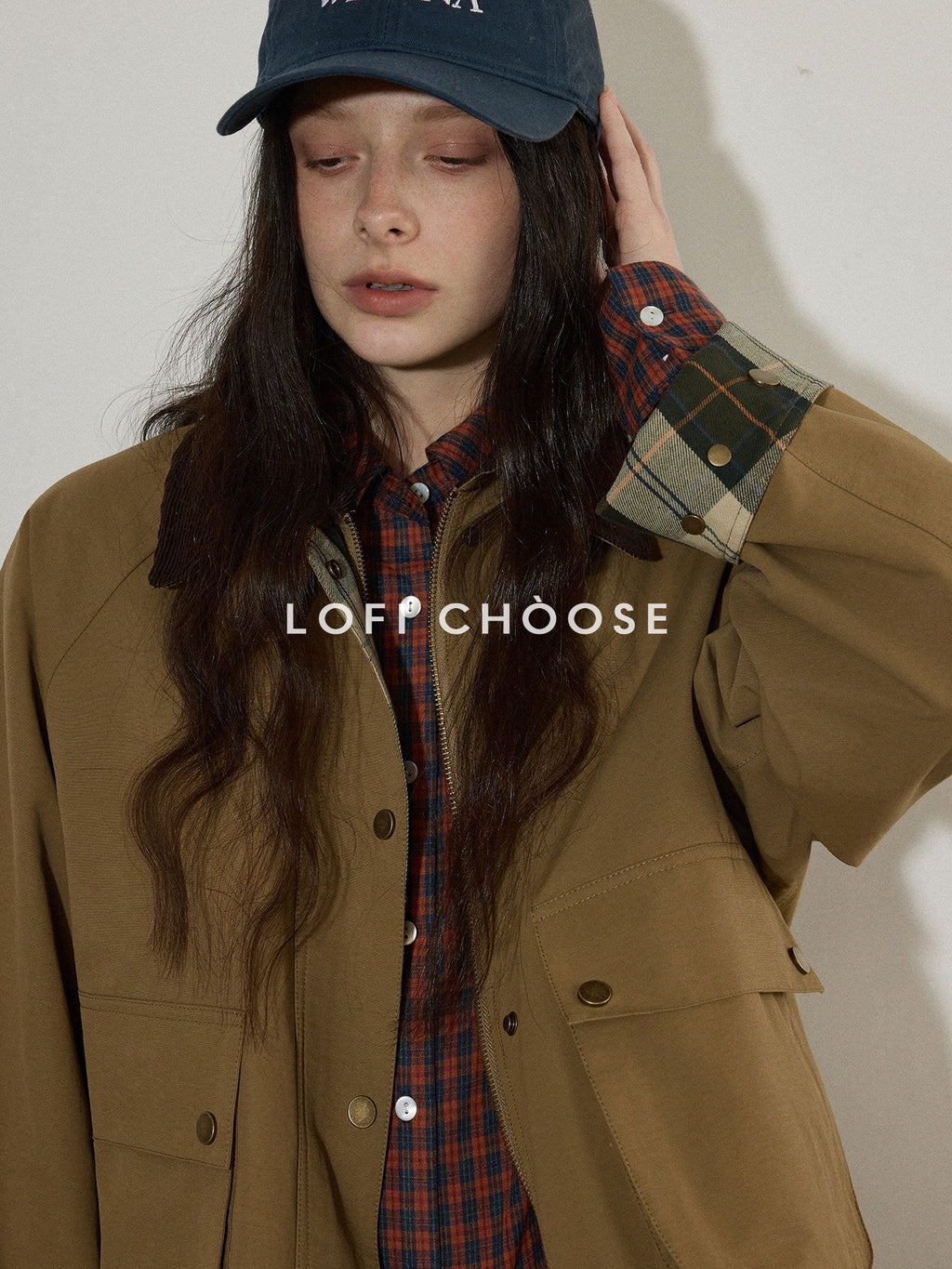 Lofi choose Plaid Zip Front Loose Fit Commuter Long Sleeve Women Sand Khaki Cropped Jackets